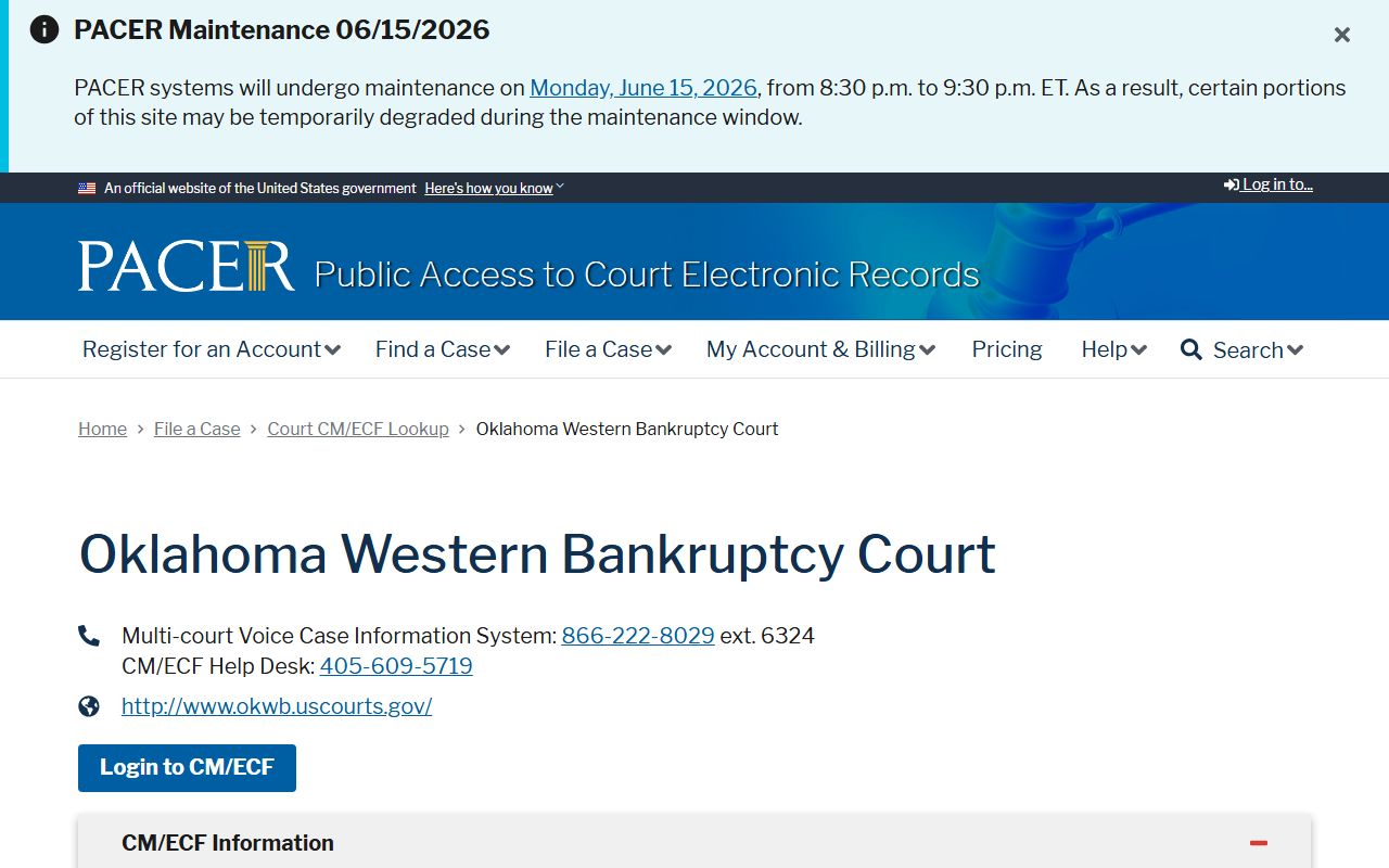 Tillman County court dockets PACER bankruptcy lookup for the Western District of Oklahoma