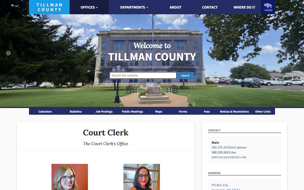 Tillman County court records and marriage license duties on the Court Clerk page