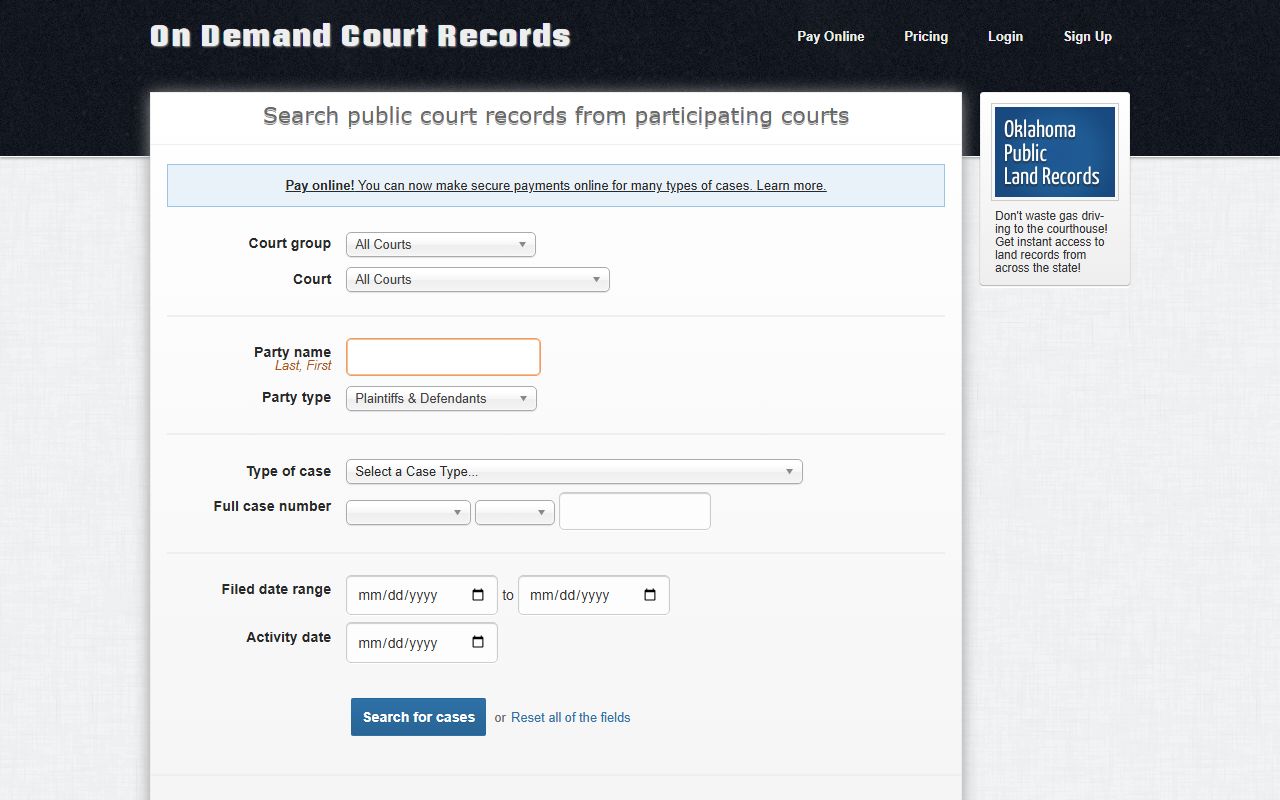 Tillman County court records search on the ODCR public portal