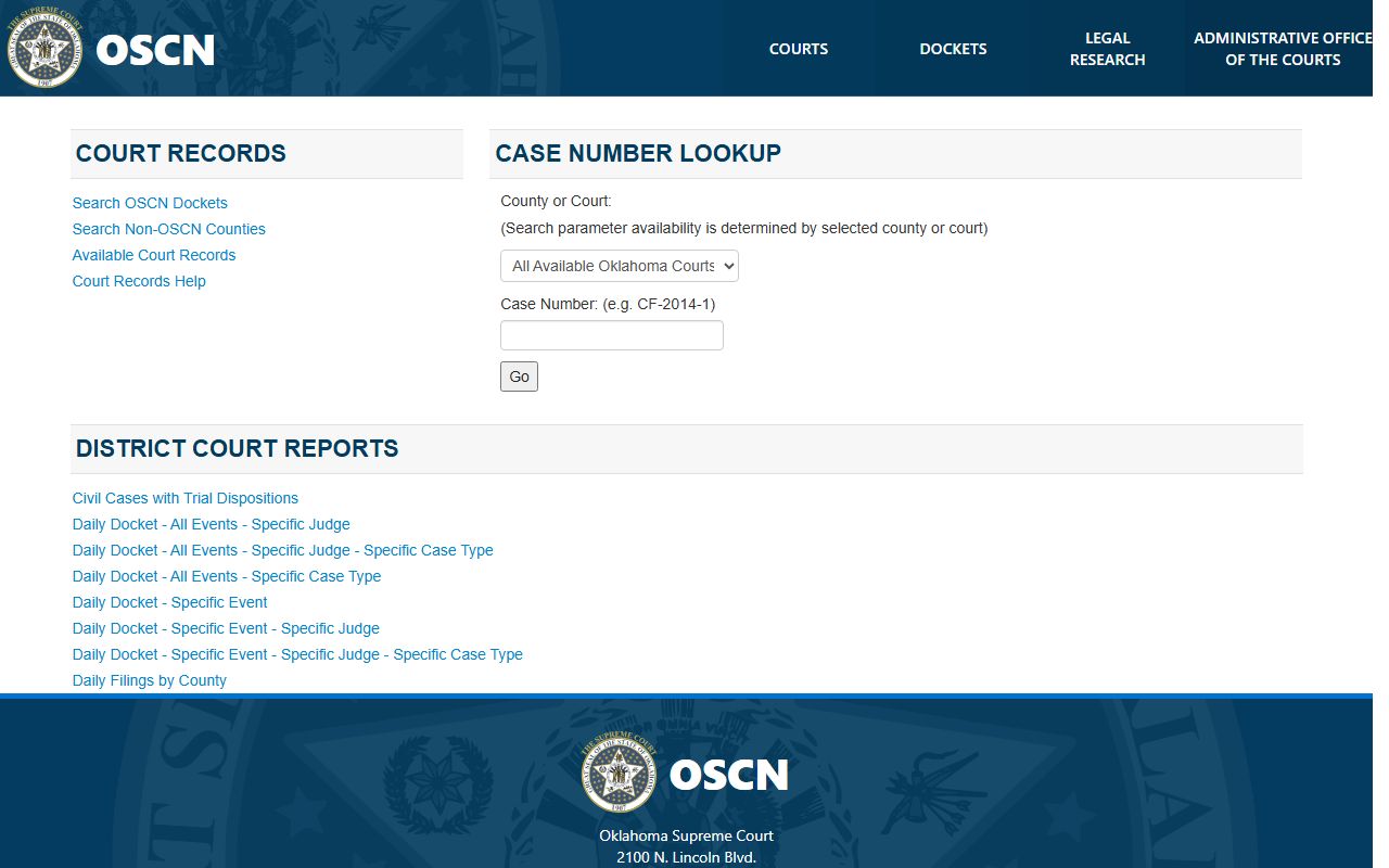 Tillman County court records and docket search on the OSCN landing page